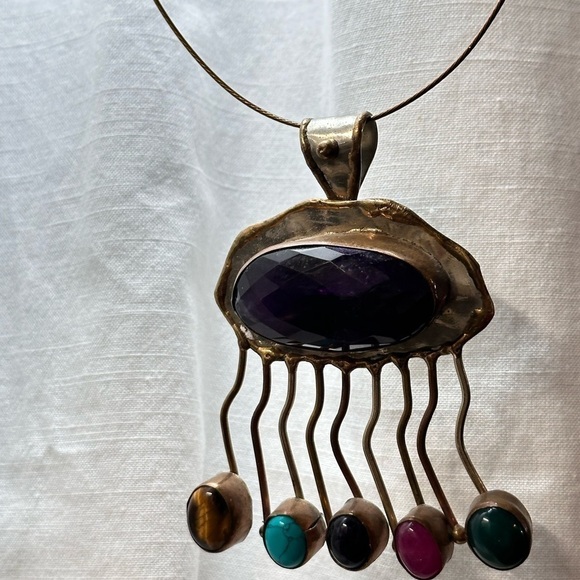 Elegant Artisan Multi Gemstone Pendant Hand Crafted 40mm Wire Necklace 4006 - Picture 5 of 16